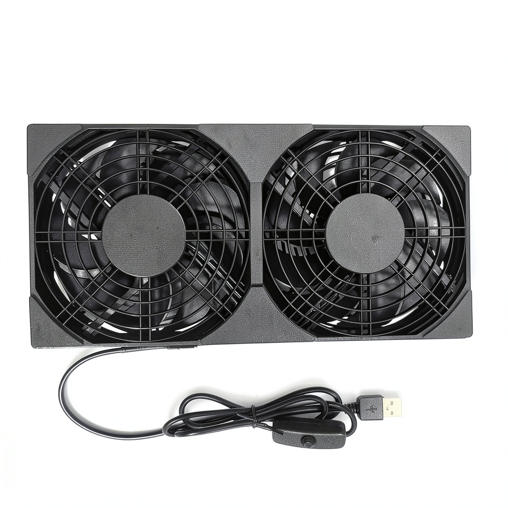 AuyiHomu USB Cooling Fan attached to a router in a home office