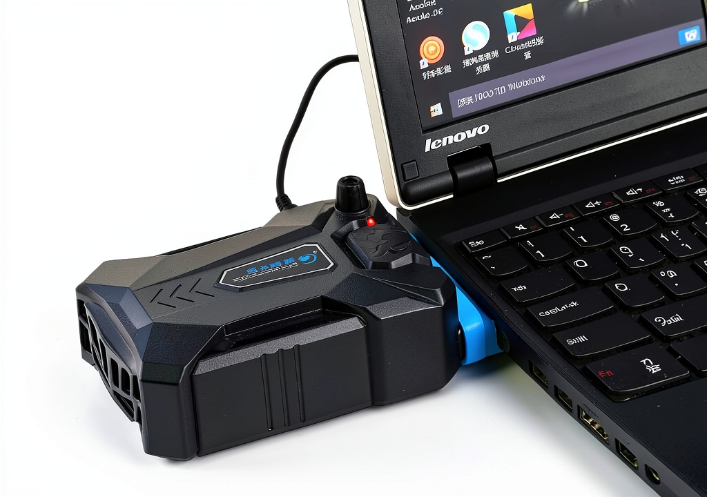 Mugast laptop cooling fan placed on a wooden desk with a gaming laptop