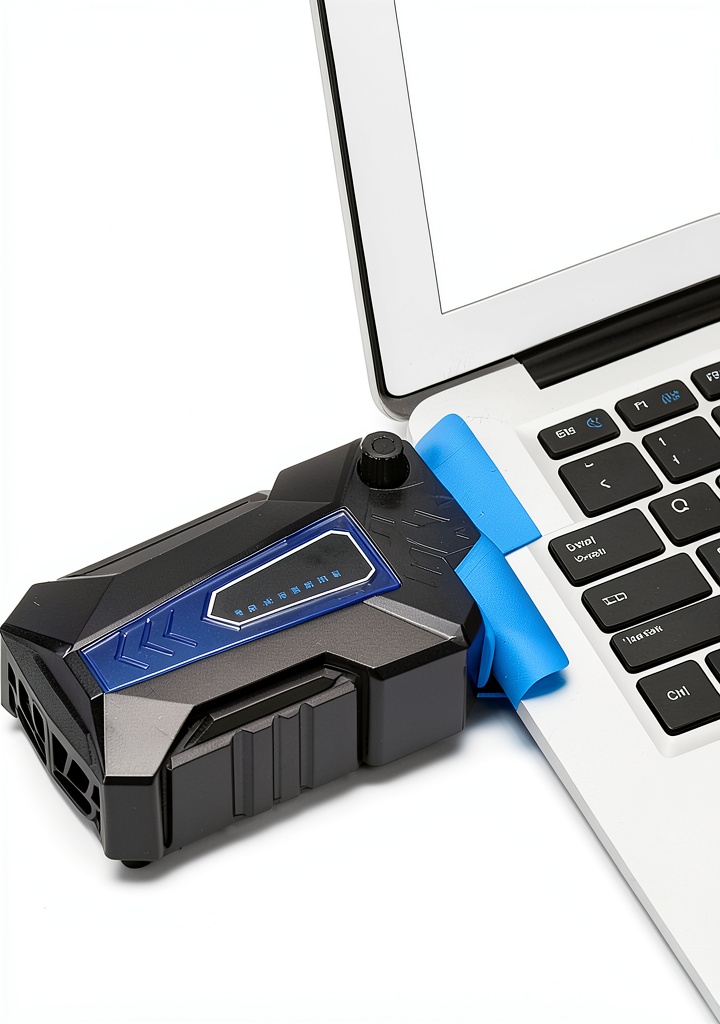 Installing PUSOKEI Laptop External Cooling Fan on a wooden desk