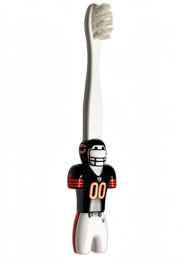Child holding the Chicago Bears licensed NFL jersey toothbrush on a bathroom countertop