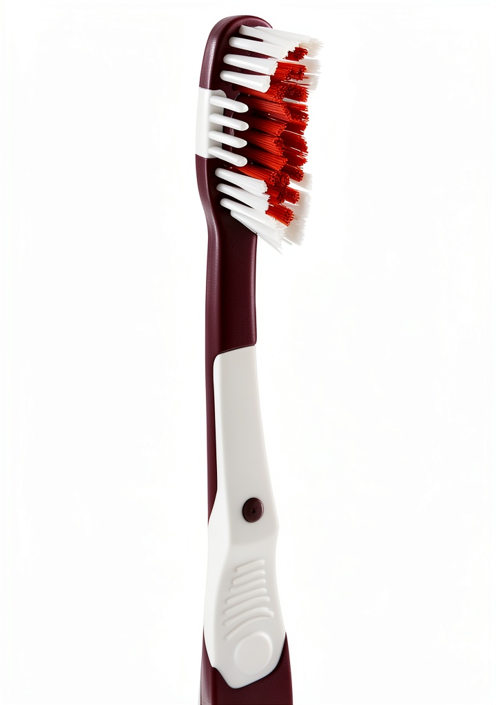 Close‑up of the San Francisco 49ers toothbrush showing red and gold bristles and rubber gum massagers on a bathroom countertop